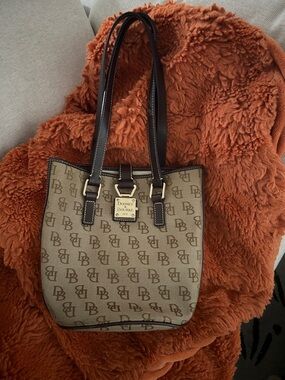 Dooney & Bourke Tan and Dark Brown Logo Tote